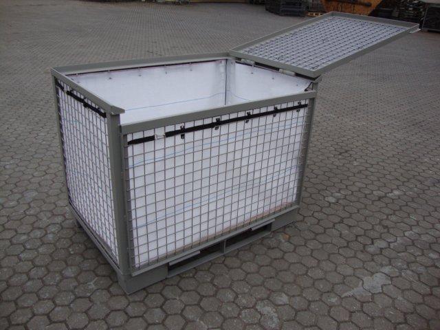 Behälterauskleidung aus Bändchengewebe mit Gurtbefestigung für Gitterbehälter mit Deckel