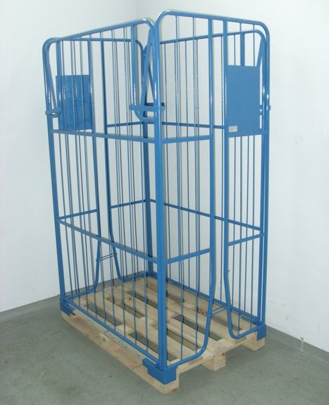 Klemmwand-Palettenaufsatz an Palettenecken ansteckbare Stirnwände und Seitenwände einsteck- und fixierbar