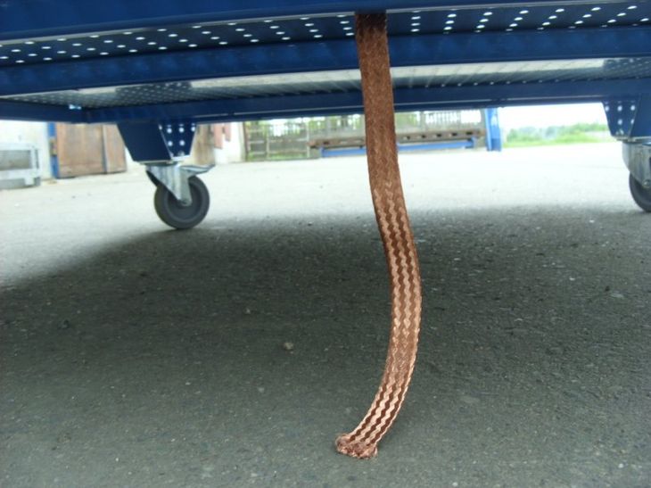 Detailansicht am unteren Rollwagenboden montiertes Masseband als Potentialausgleich