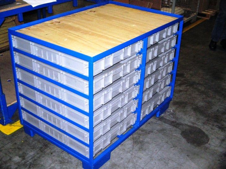 Etagengestell mit Winkelauflagen für KLT-Einschübe und Rollwagen