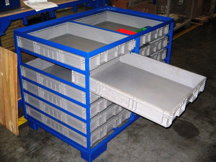 Etagengestell für Rollrahmen mit ausgezogenem Kunststoffkasten zur lagerung von Ersatzteilen