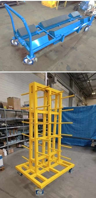 Roll- und Transportgestelle für flexible Materiallogistik Collage mit zwei Transportgestellen: oben ein blaues Rollgestell mit Lenkrollen und Ablageflächen, unten ein gelbes Transportgestell mit seitlichen Aufnahmen für Langgut.