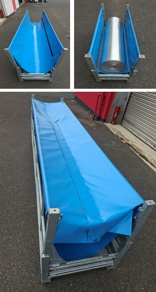 Rollenbehälter mit blauer Spannplane Collage mit drei Ansichten eines verzinkten Rollenbehälters mit blauer Spannplane zur Aufnahme von Rollenmaterial.