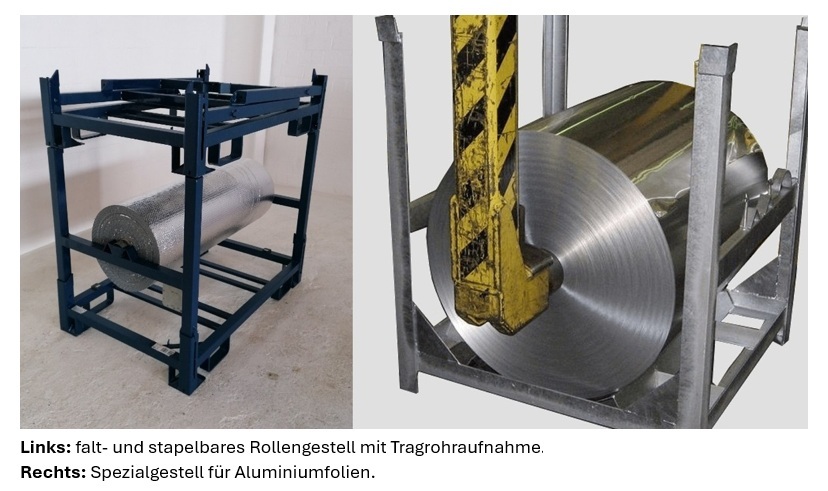 Collage Rollengestell inkl. Beschriftung Collage mit zwei Industriegestellen: links ein falt- und stapelbares Rollengestell mit Tragrohraufnahme in Blau, rechts ein weißes Spezialgestell für Aluminiumfolien.