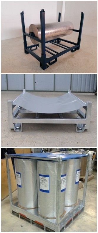 Individuelle Rollengestelle für sichere Lagerung und Transport Collage mit drei Rollengestellen: oben ein Gestell mit Aluminiumrolle, mittig ein Gestell mit Spannplane, unten ein Transportgestell mit mehreren Aluminiumfolienrollen.