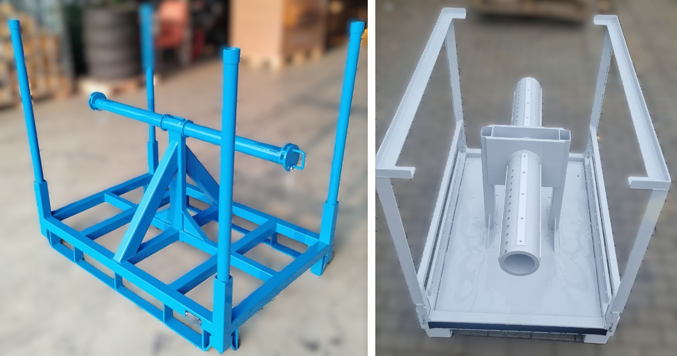 Falt- und Spezialgestelle für Rollenlagerung und Transport Collage mit zwei Industriegestellen: links ein falt- und stapelbares Rollengestell mit Tragrohraufnahme in Blau, rechts ein weißes Spezialgestell für Aluminiumfolien.