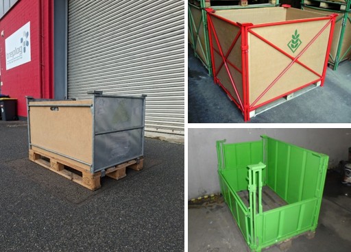 Verschiedene geschlossene Aufsatzboxen aus Metall und Holzwerkstoffen auf Europaletten