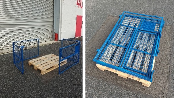 Klappbarer Paletten-Aufsatzrahmen aus blauem Metallgitter für Europaletten