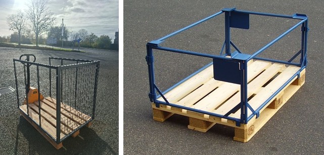 Paletten-Aufsatzrahmen aus Metall, teilweise mit Gitterfüllung und offener Rahmenkonstruktion auf Europalette