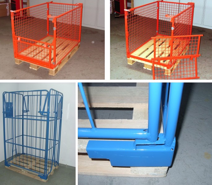Verschiedene Paletten-Aufsatzrahmen aus Metallgitter in Rot und Blau für Europaletten